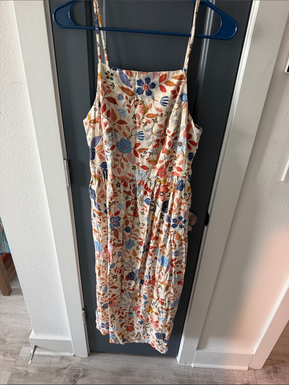 Old Navy Cream Floral Midi Dress with Blue and Rust Accents